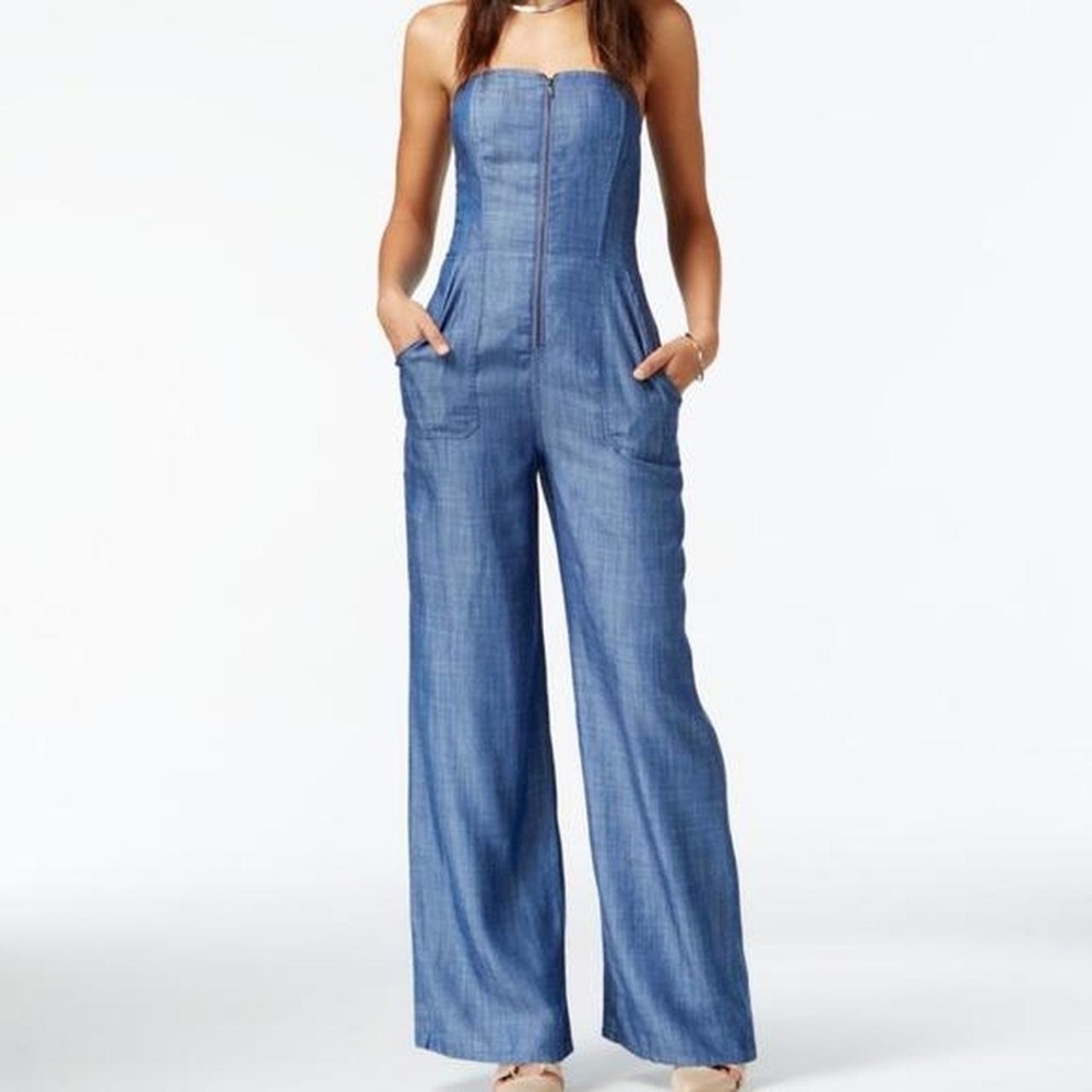RACHEL Rachel Roy strapless denim corset jumpsuit.